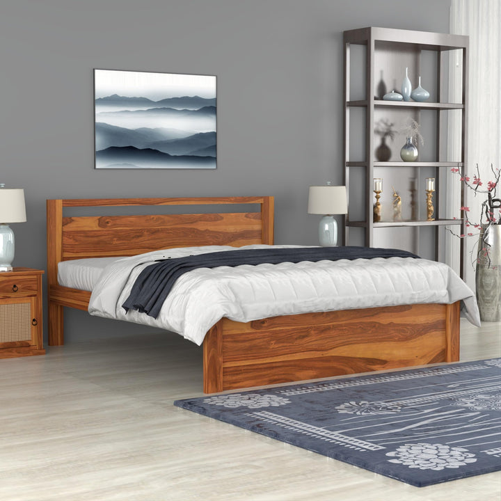Bhagwati Art Sheesham Wood Bed without Storage – Modern Design in Honey Finish