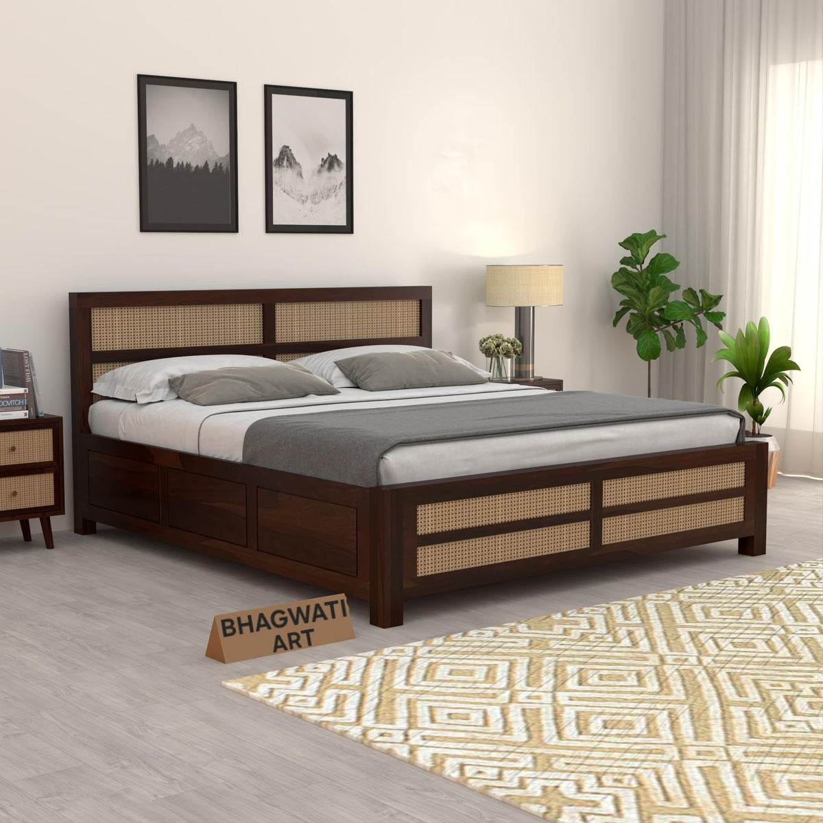Bhagwati Art Sheesham Wood Bed with Box Storage – 8 Jali Rattan Cane in Walnut Finish