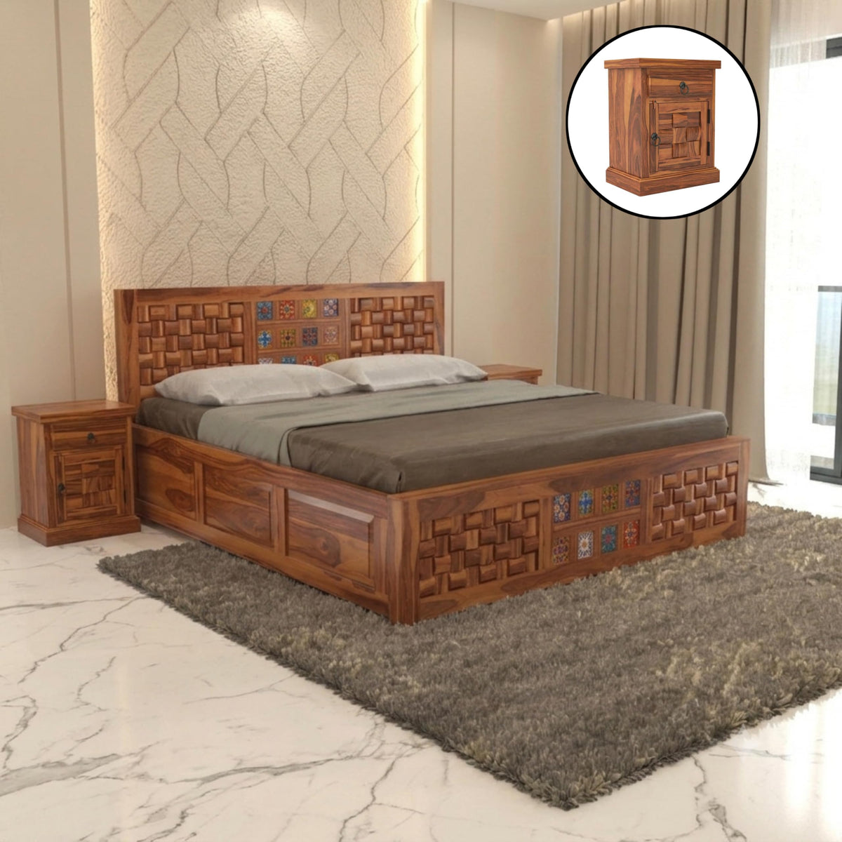 Bhagwati Art Sheesham Bed with Storage & 2 Bedside Tables – Niwar Tile – view 21