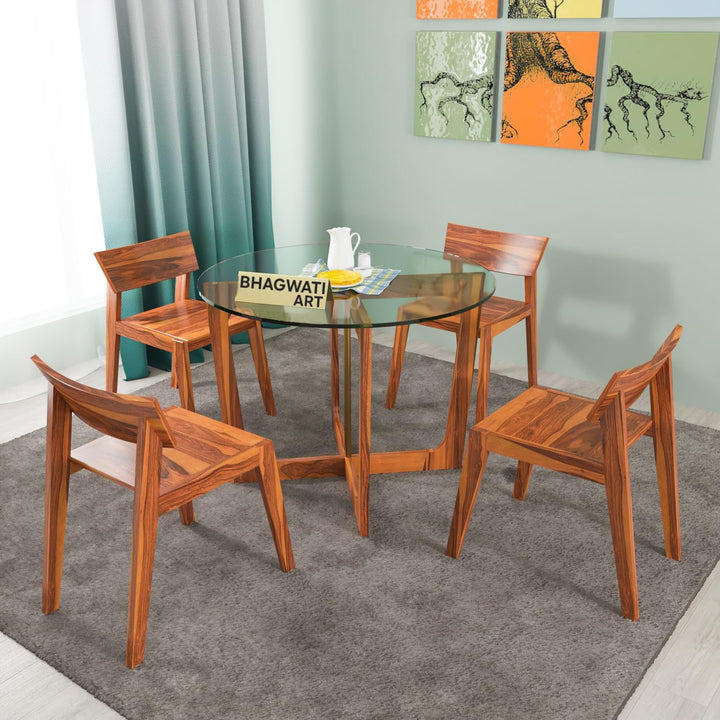 Bhagwati Art Sheesham Wood Dining Set with Curvy Chairs – Round Design in Honey Finish