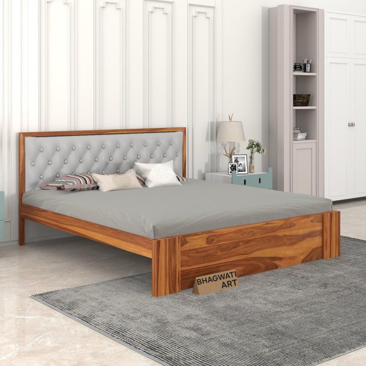 Bhagwati Art Sheesham Wood Bed without Storage – Upholstered Diamond in Honey Finish