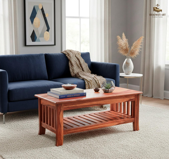 Bhagwati Art Sheesham Wood Coffee Table with Shelf – New Fanti Design in Honey Finish