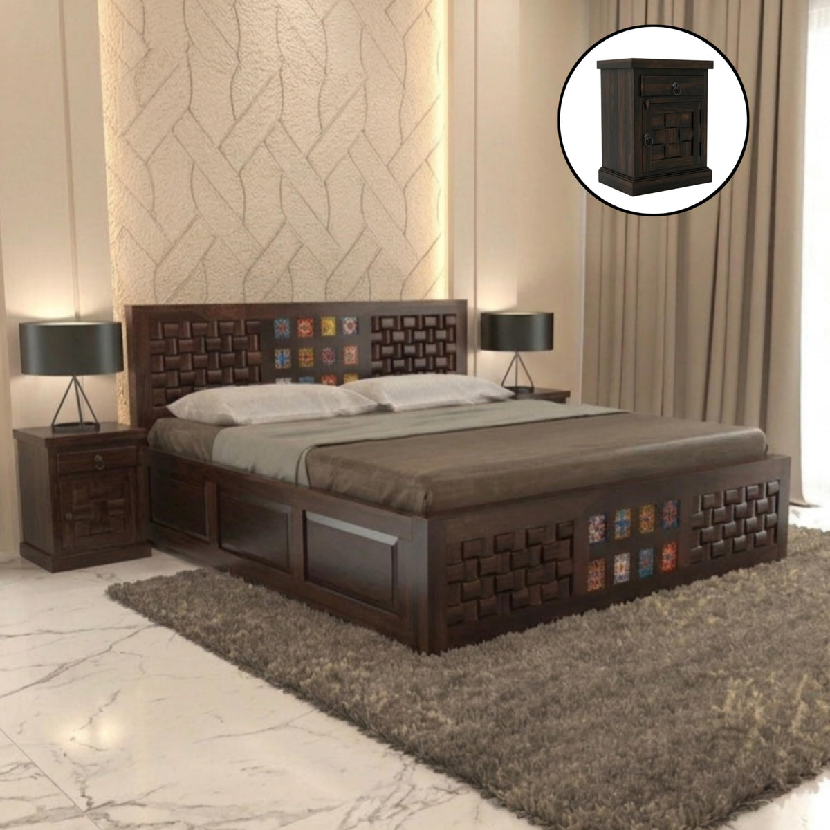 Bhagwati Art Sheesham Bed with Storage & 2 Bedside Tables – Niwar Tile – view 26
