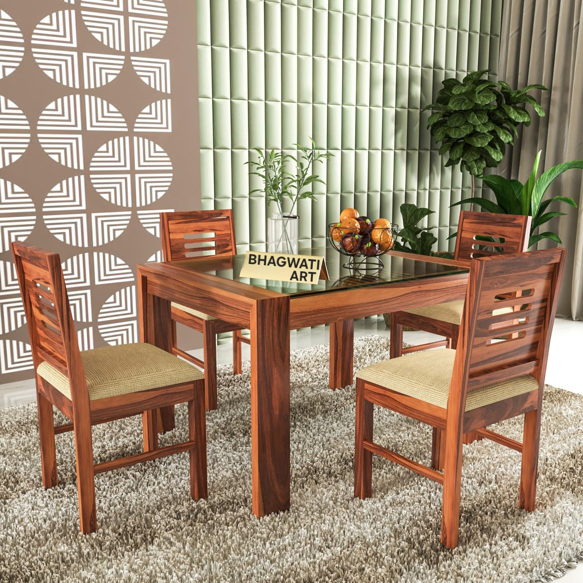Bhagwati Art Sheesham Wood Dining Set with Urban Glass Top – Classic in Honey Finish