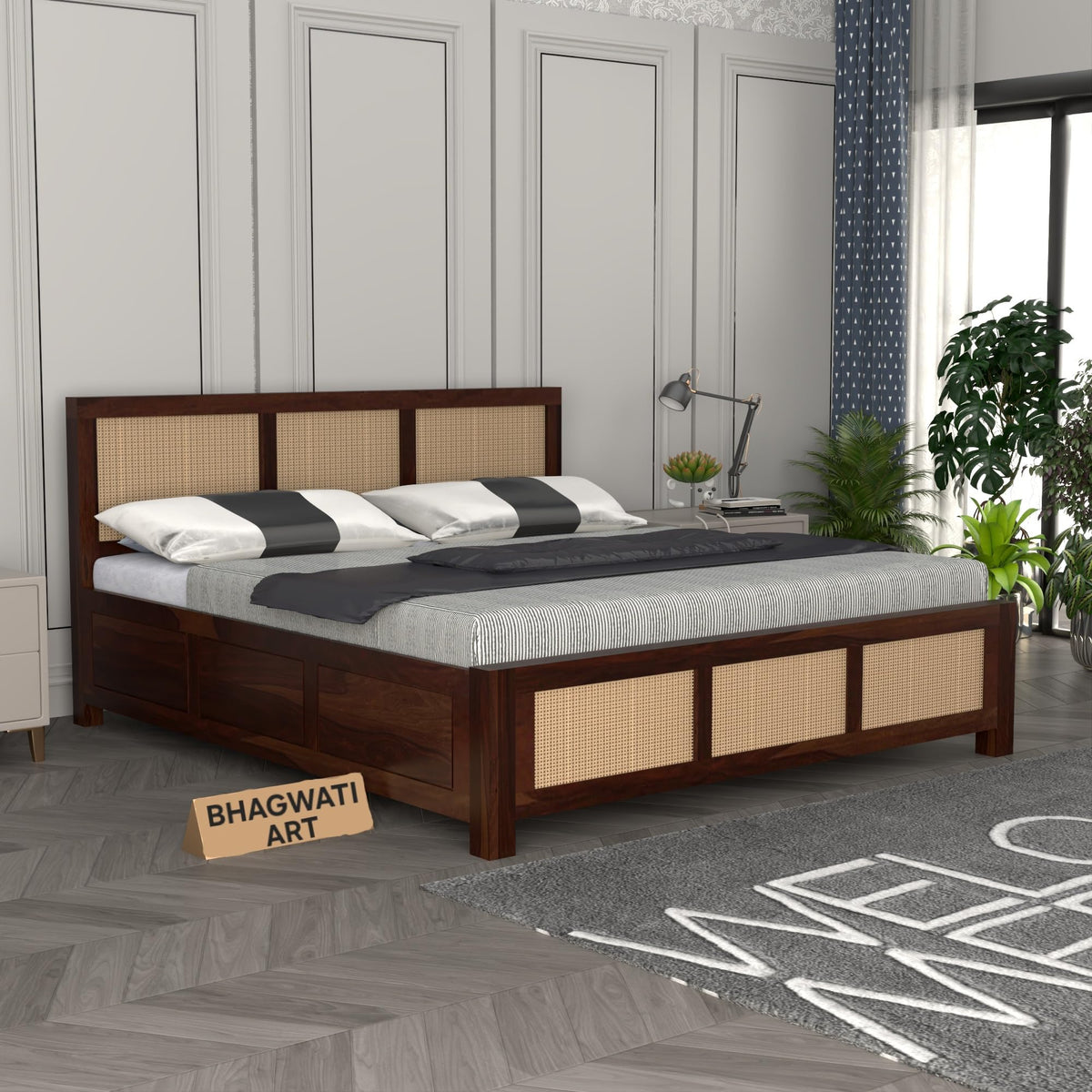 Bhagwati Art Sheesham Wood Bed with Box Storage – 6 Jali Rattan Cane in Walnut Finish