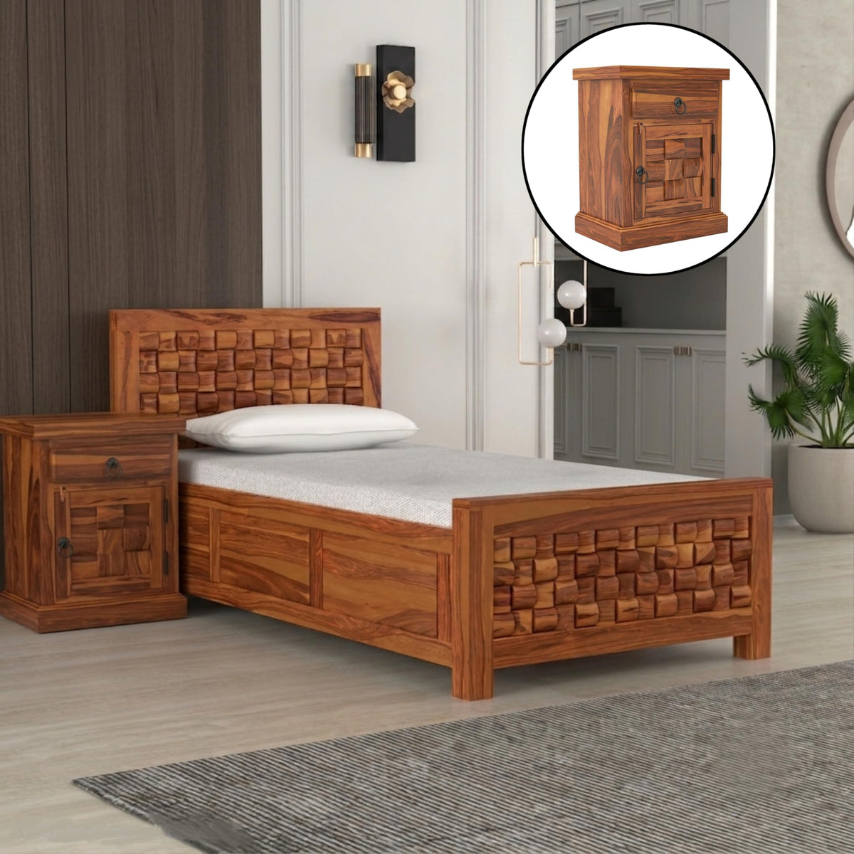Bhagwati Art Sheesham Single Bed with Storage & 1 Bedside Table – Niwar in Honey Finish