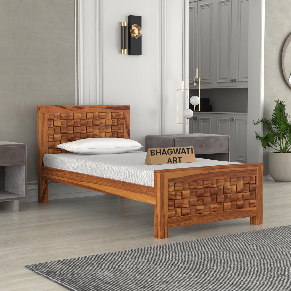 Bhagwati Art Sheesham Wood Single Bed without Storage – Niwar Design in Honey Finish