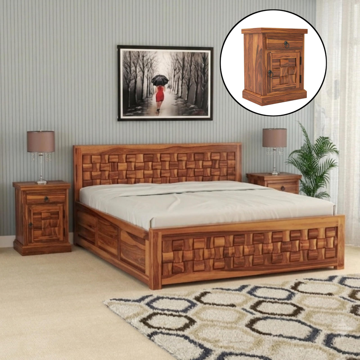 Bhagwati Art Sheesham Bed with Storage & 2 Bedside Tables – Niwar – view 9