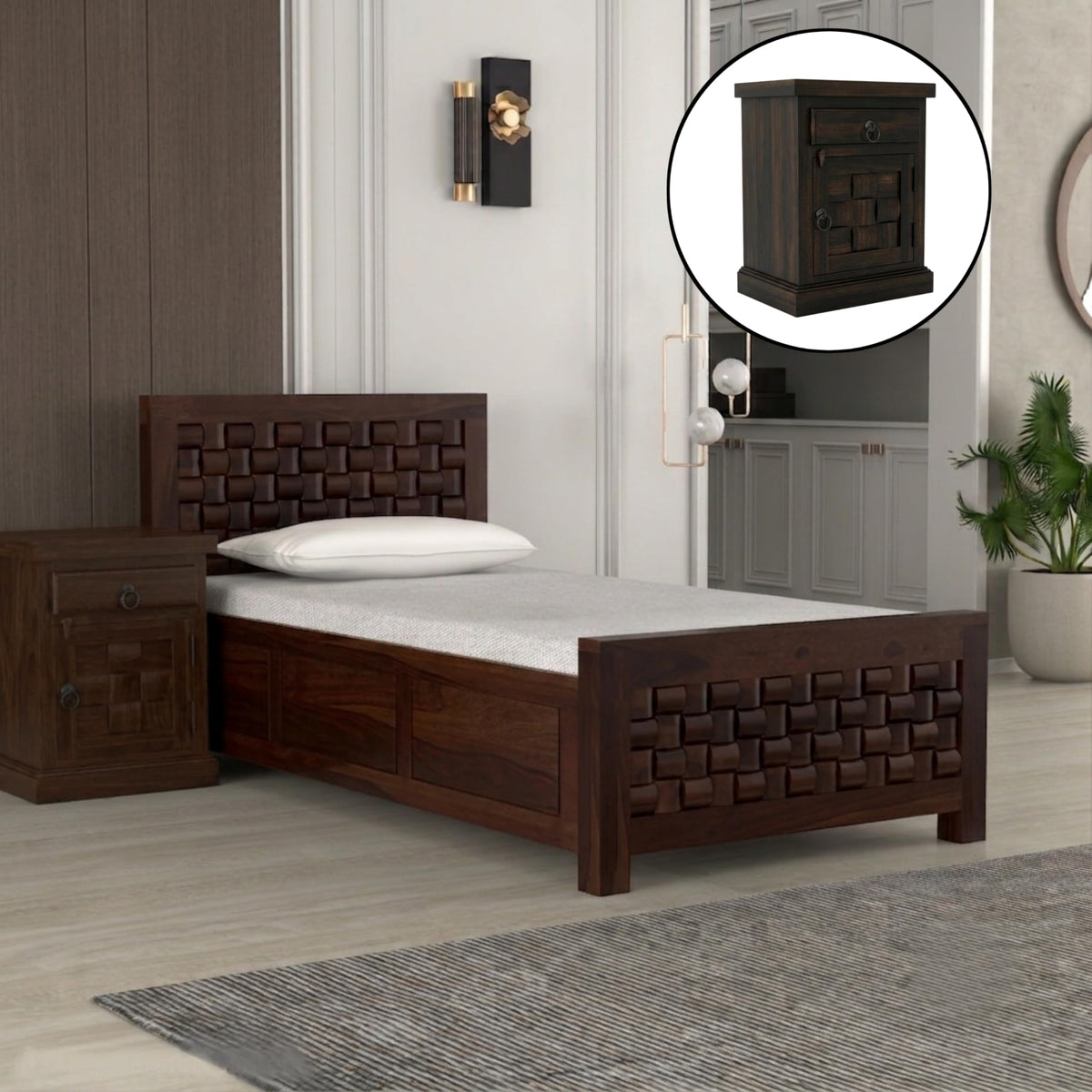 Bhagwati Art Sheesham Single Bed with Storage & 1 Bedside Table – Niwar in Walnut Finish