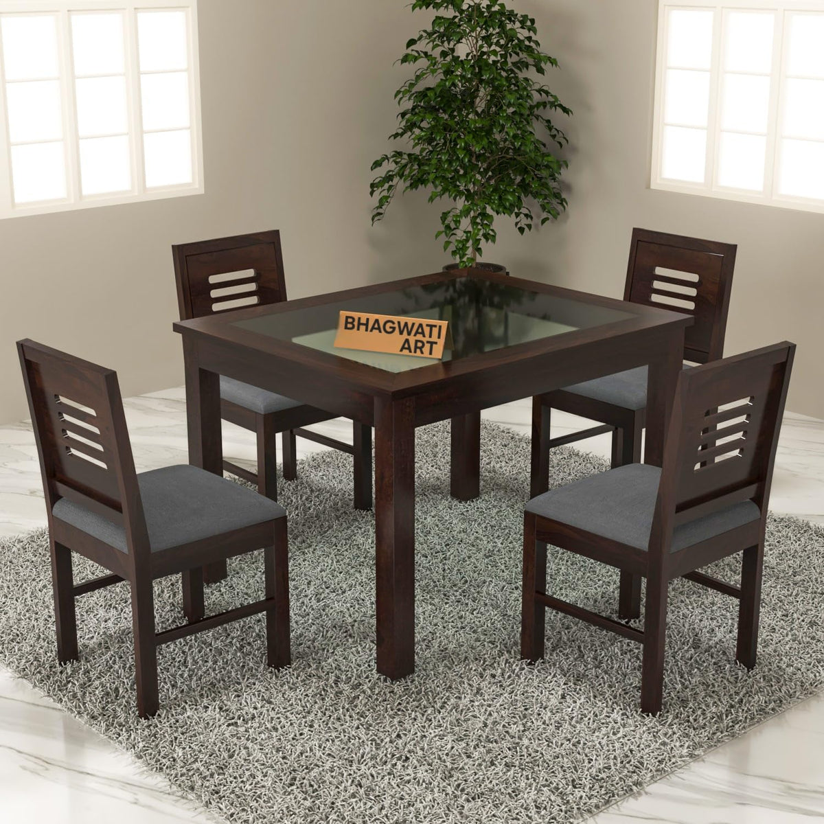 Bhagwati Art Sheesham Wood Dining Set with Urban Glass Top – Plain in Walnut Finish