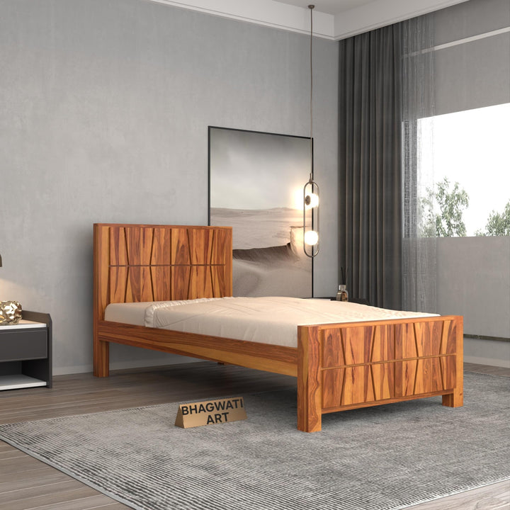 Bhagwati Art Sheesham Wood Single Bed without Storage – Zigzag Design in Honey Finish