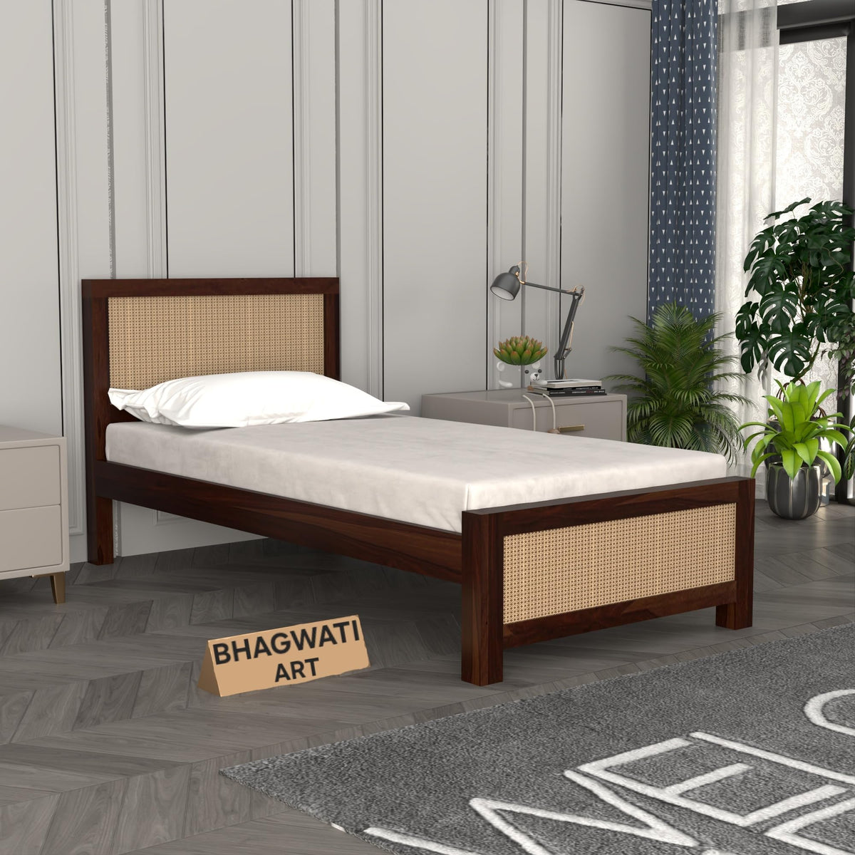 Bhagwati Art Sheesham Single Bed without Storage – 2 Jali Rattan Cane in Walnut Finish