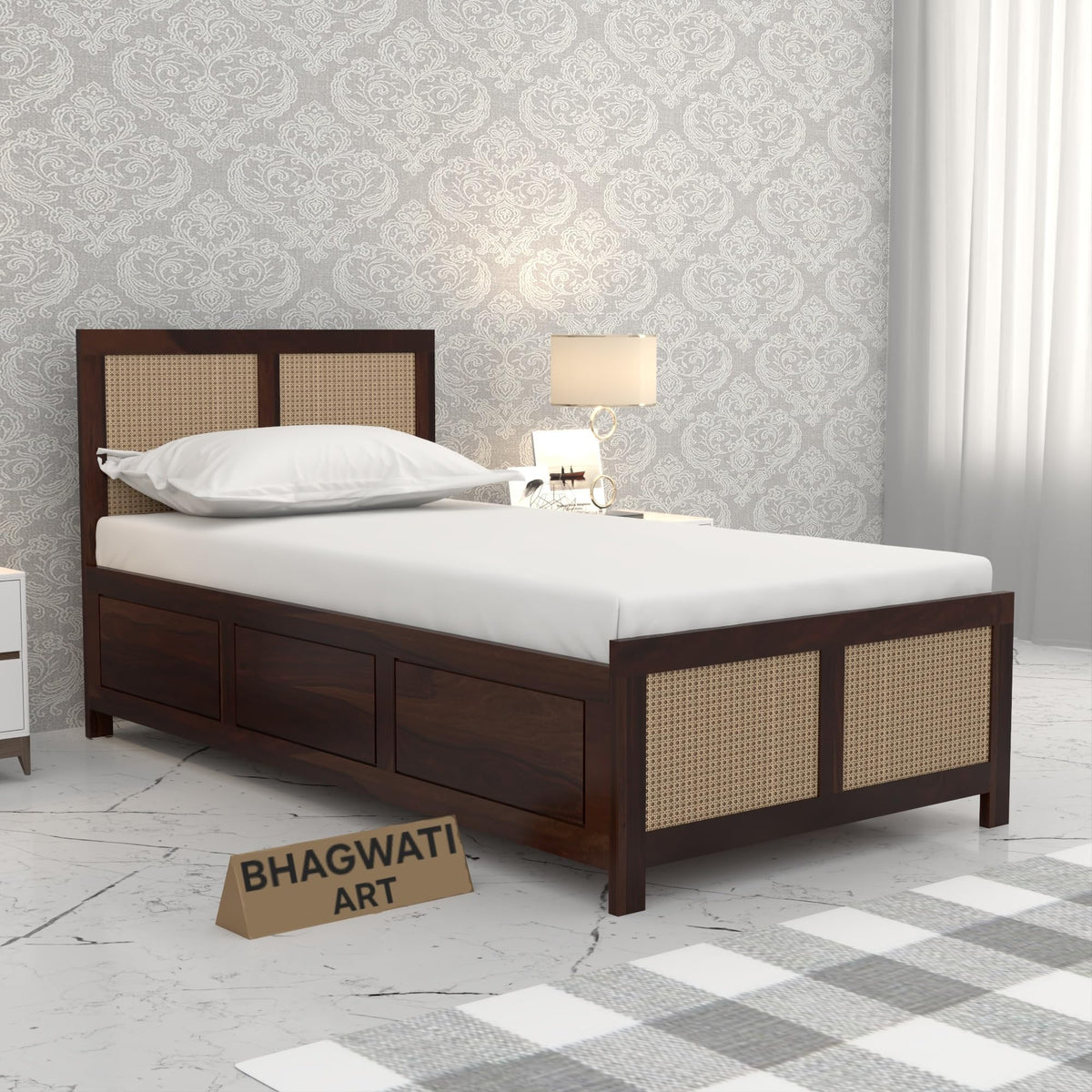Bhagwati Art Sheesham Single Bed with Box Storage – 4 Jali Rattan Cane in Walnut Finish