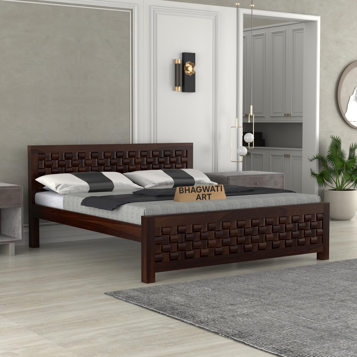 Bhagwati Art Sheesham Wood Bed without Storage – Niwar Design in Walnut Finish