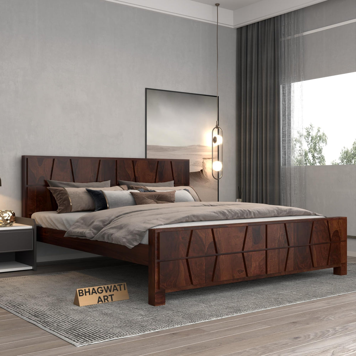Bhagwati Art Sheesham Wood Bed without Storage – Zigzag Design in Walnut Finish