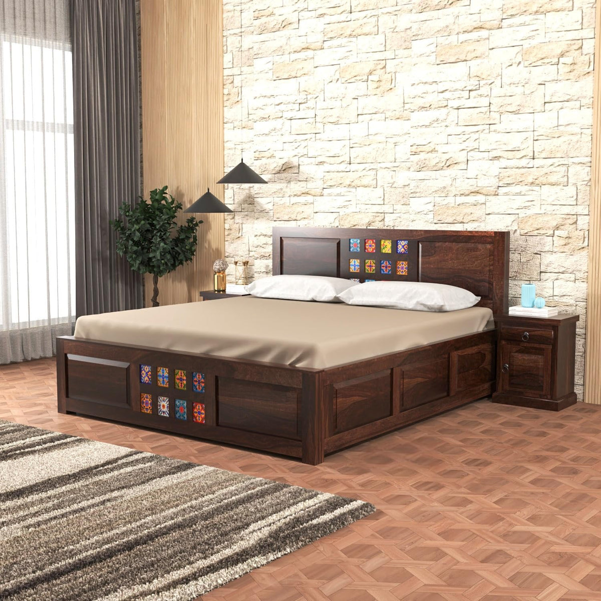 Bhagwati Art Sheesham Wood Bed with Box Storage – Tile Dalla Design in Walnut Finish