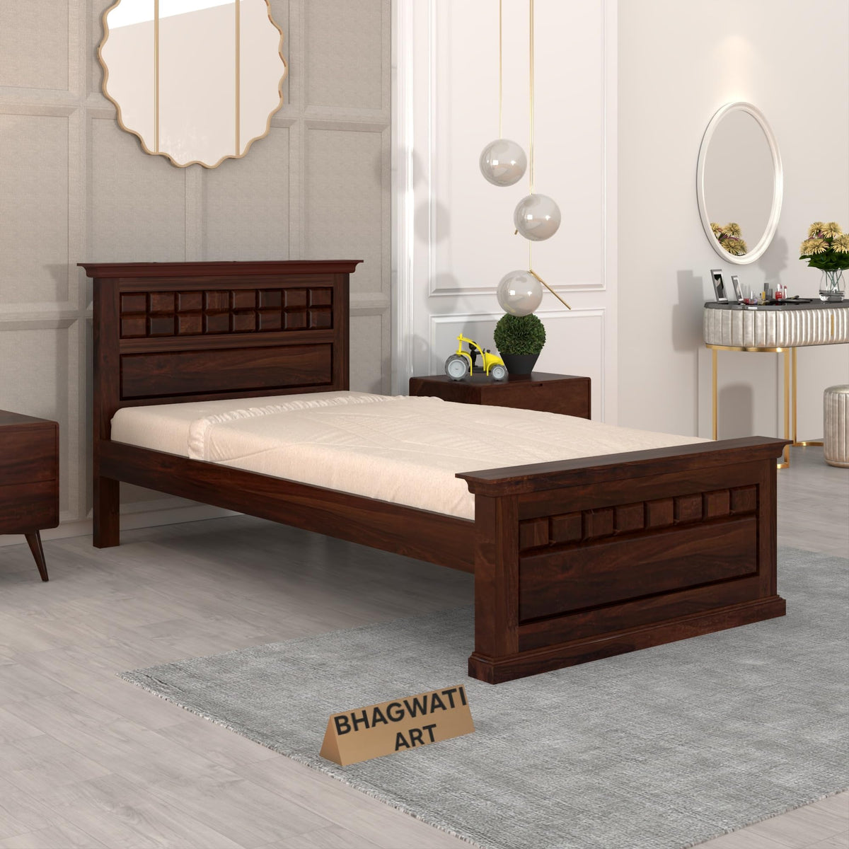 Bhagwati Art Sheesham Wood Single Bed without Storage – Chocolate in Walnut Finish