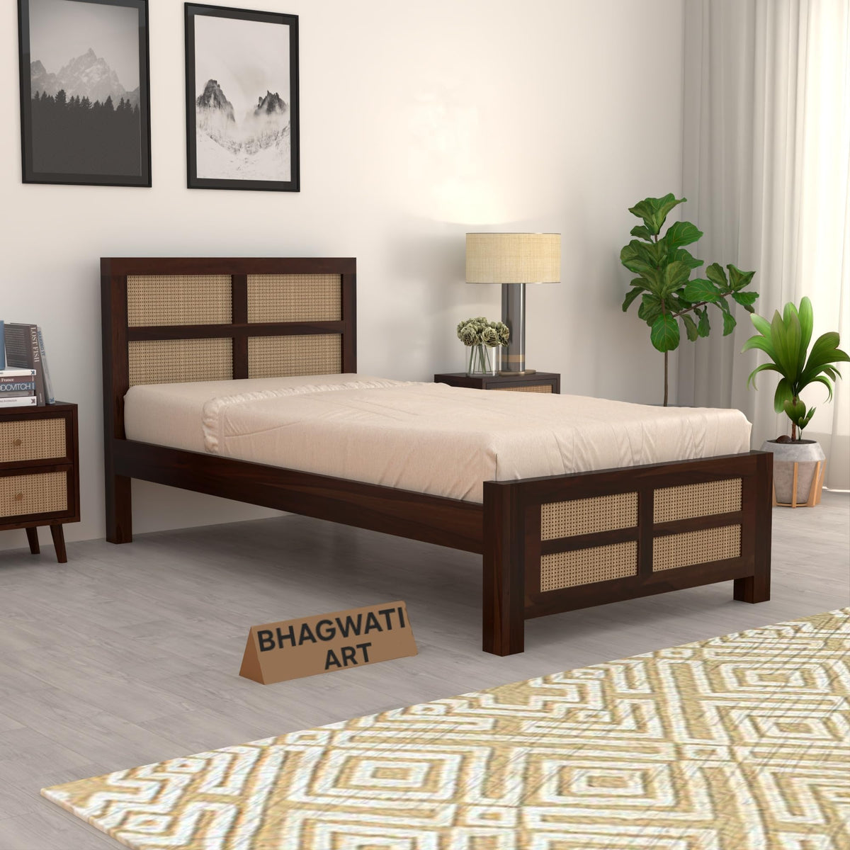 Bhagwati Art Sheesham Single Bed without Storage – 8 Jali Rattan Cane in Walnut Finish