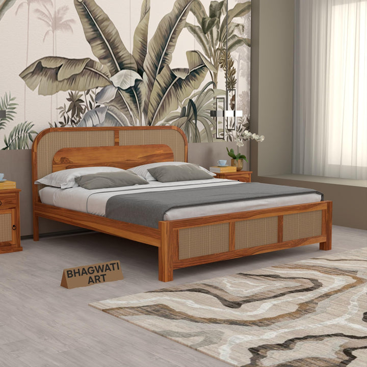 Bhagwati Art Sheesham Wood Bed without Storage – 5 Jali Rattan Cane in Honey Finish