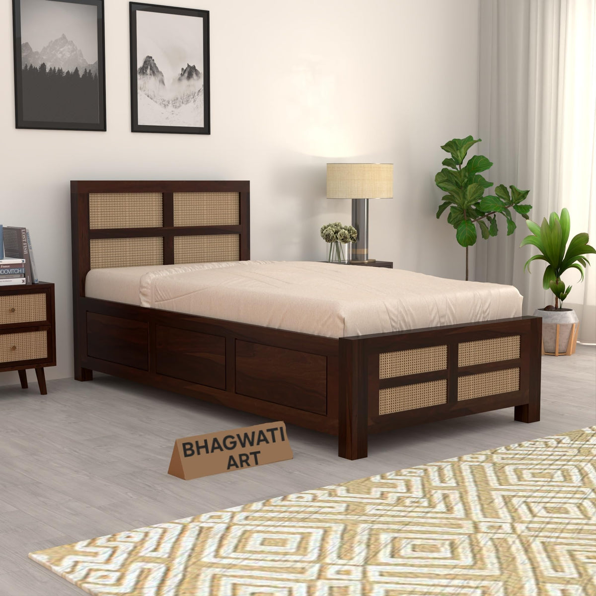 Bhagwati Art Sheesham Single Bed with Box Storage – 8 Jali Rattan Cane in Walnut Finish