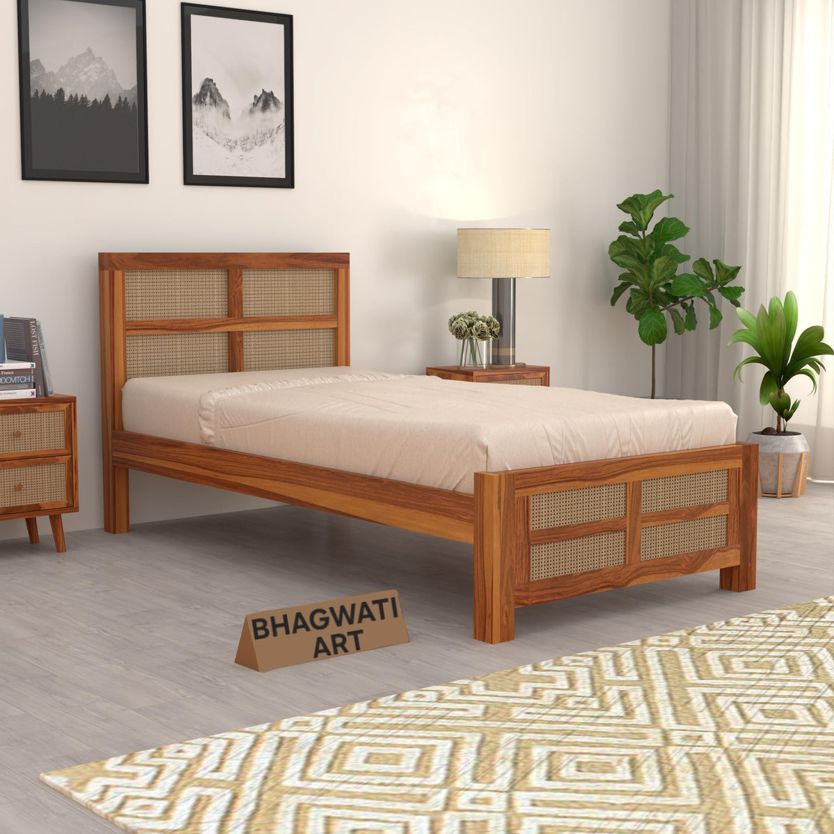 Bhagwati Art Sheesham Single Bed without Storage – 8 Jali Rattan Cane in Honey Finish