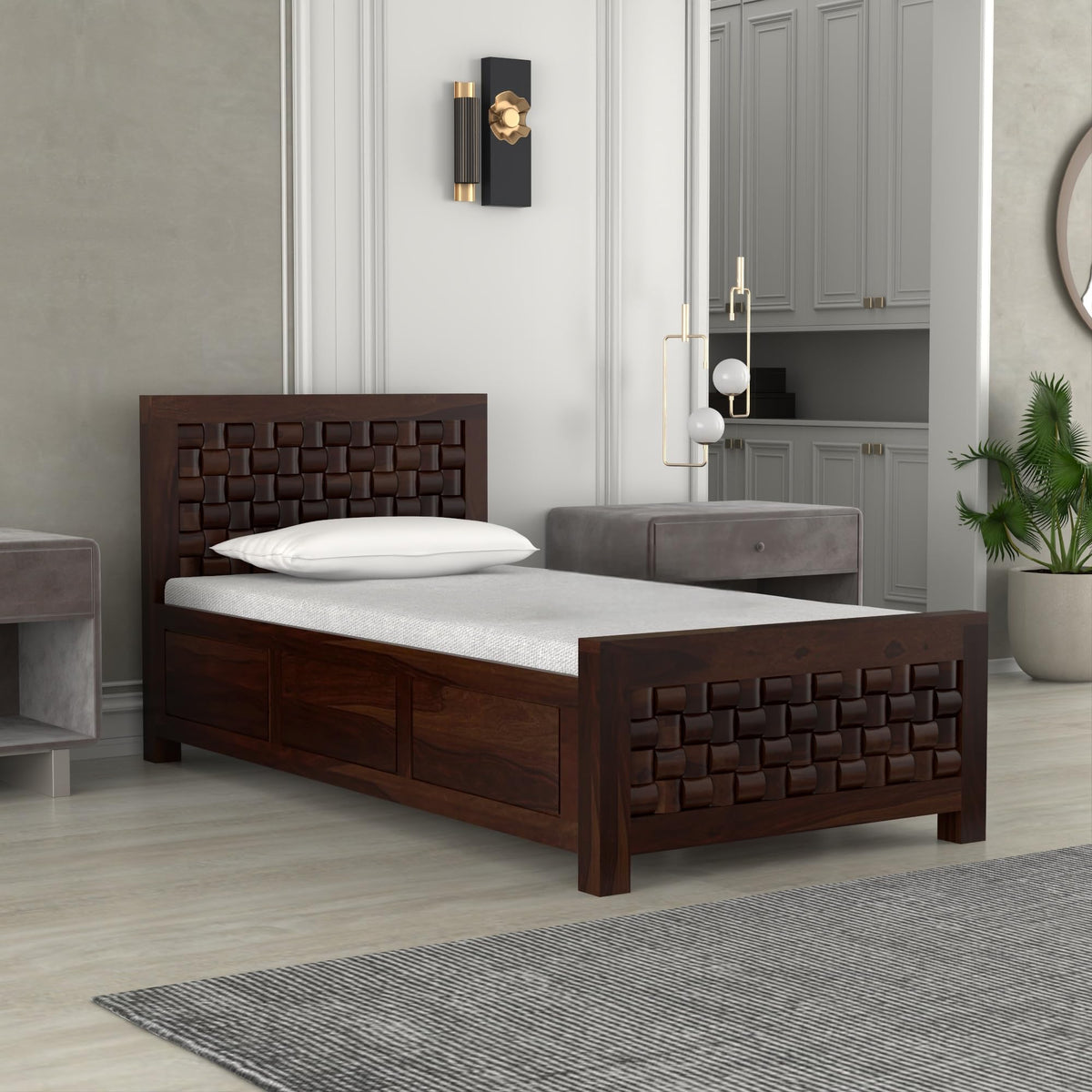 Bhagwati Art Sheesham Wood Single Bed with Box Storage – Niwar Design in Walnut Finish