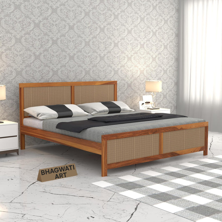 Bhagwati Art Sheesham Wood Bed without Storage – 4 Jali Rattan Cane in Honey Finish