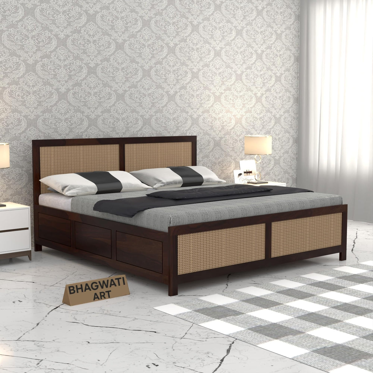 Bhagwati Art Sheesham Wood Bed with Box Storage – 4 Jali Rattan Cane – view 18