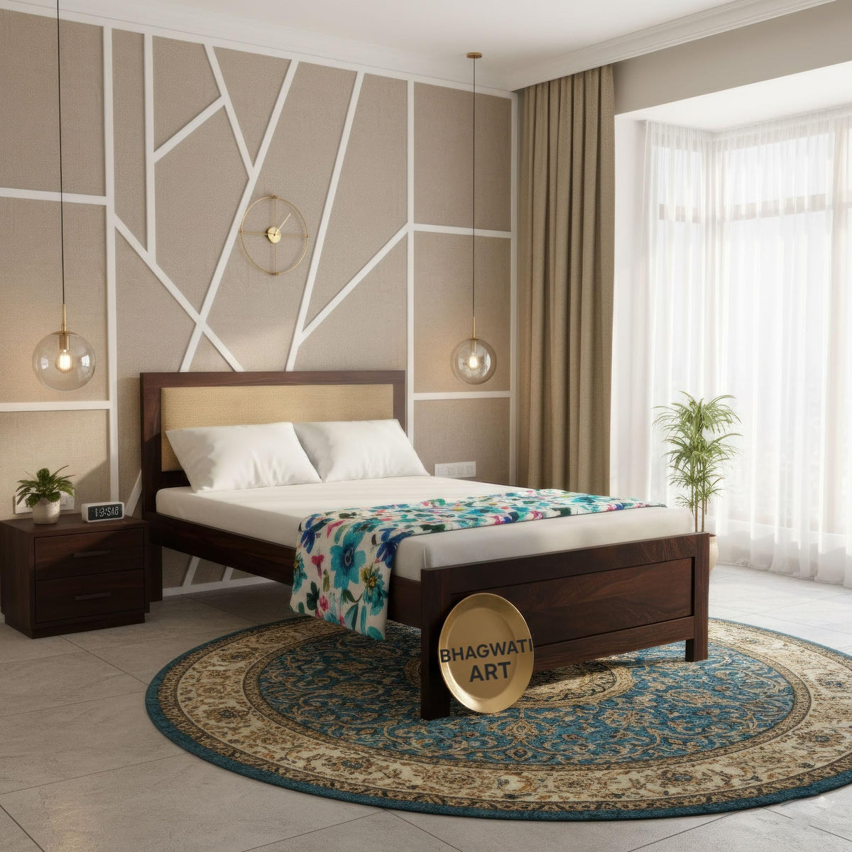 Bhagwati Art Sheesham Wood Single Bed without Storage – Cushion Dalla in Walnut Finish