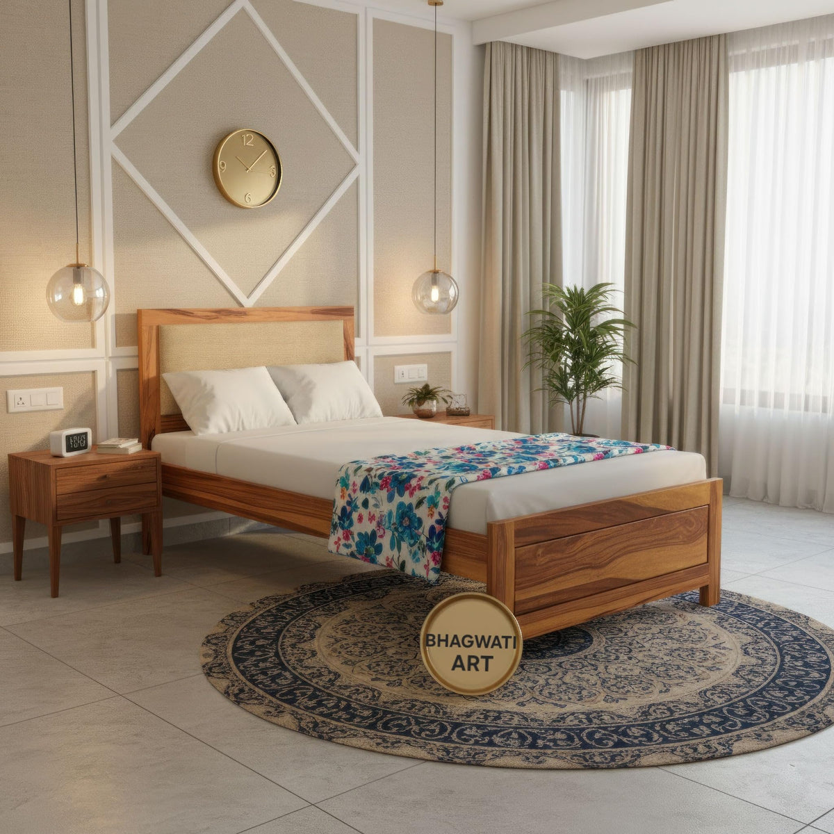 Bhagwati Art Sheesham Wood Single Bed without Storage – Cushion Dalla in Honey Finish